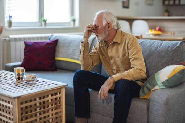 A senior man sits on a couch and holds his fingers to his nose. He looks to be tired, sad, stressed, or physically uncomfortable. 