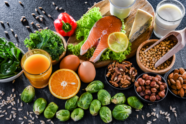 A variety of foods recommended for promoting healthy bones and preventing osteoporosis.