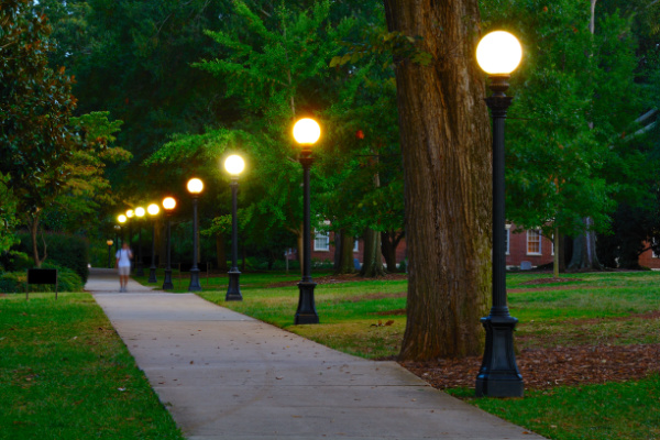 A dark college campus.